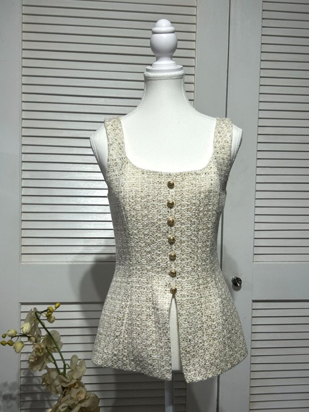 Cami NYC Women's Beige Gold Fleck Tweed Rosita Button-Front Fitted Top Sz 4 3230